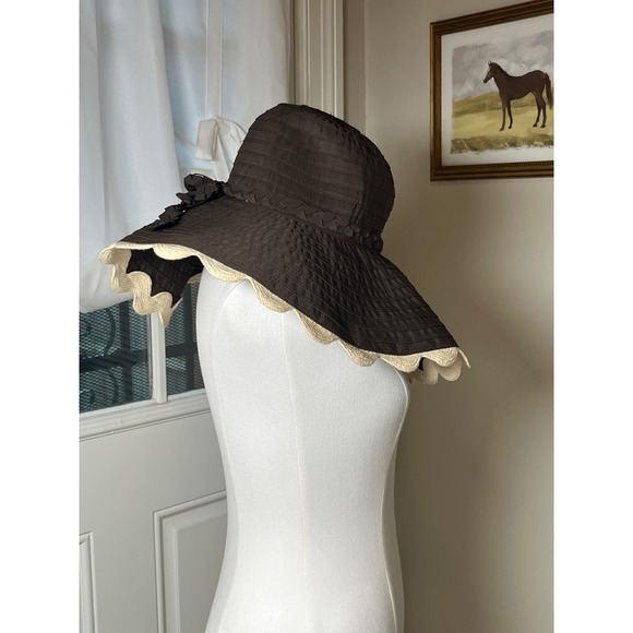 Mud Pie Wide Brim Straw Sun Hat Scalloped Edge Brown Beach Resort One Size